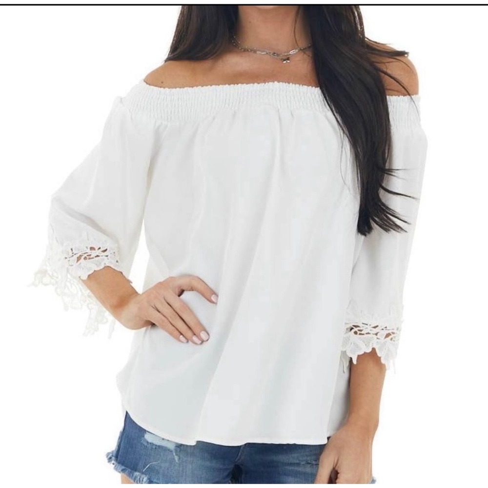 Chelsea & Theodore Off the Shoulder Blouse Women Medium‎ White Crochet Lace Boho